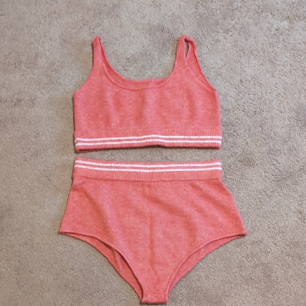 Cozy Coral Knit Bralette and High-Waist Set